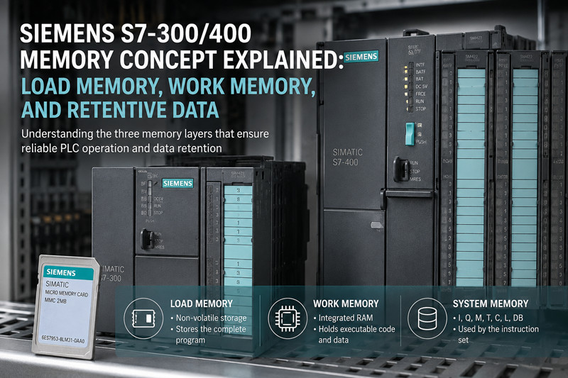Концепция памяти Siemens S7-300/400: загрузочная память, рабочая память и память с сохранением данных.
